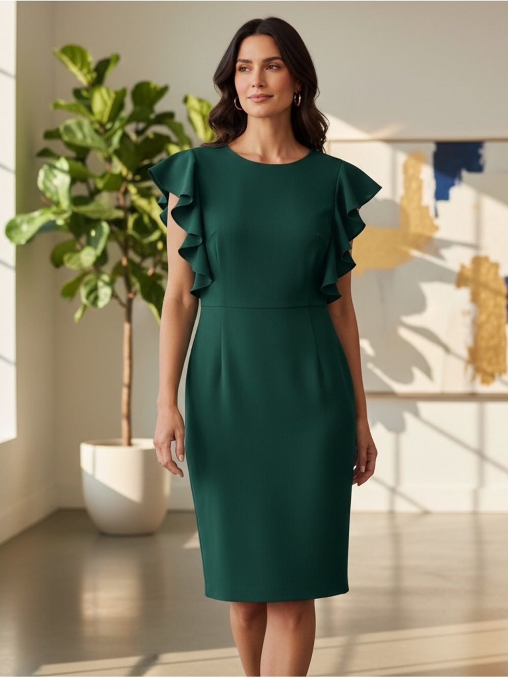 Tommy Hilfiger Dark Green Ruffle Sleeve Sheath Dress